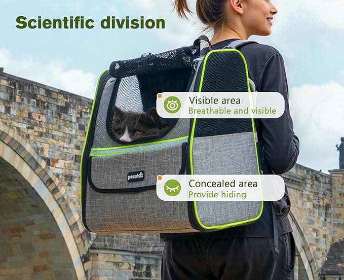 Pecute Cat Backpack Carrier for Travel & Hiking, Breathable Pet Carrier Backpack with Storage Pockets, Small Dog Carrier Bag for Outdoor Walking, Bike Riding, Vet Visits, Grey