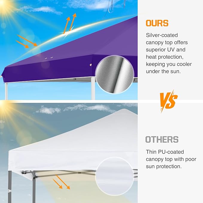 EAGLE PEAK Pop Up Canopy Tent with Wheeled Carry Bag, 8 Stakes, 4 Ropes, 4 Weight Bags, Easy Set Up Tent Canopy, 10x10 ft, 100sqft of Shade, Purple