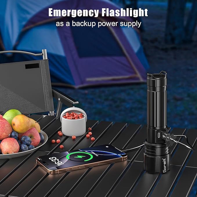 Goreit Flashlight High Lumens Rechargeable, 2000 Lumen Led Flashlights XHP70.2 USB Super Bright Flash Light Battery Powered, Powerful Handheld Flashlights for Emergencies Camping, IP67 Waterproof