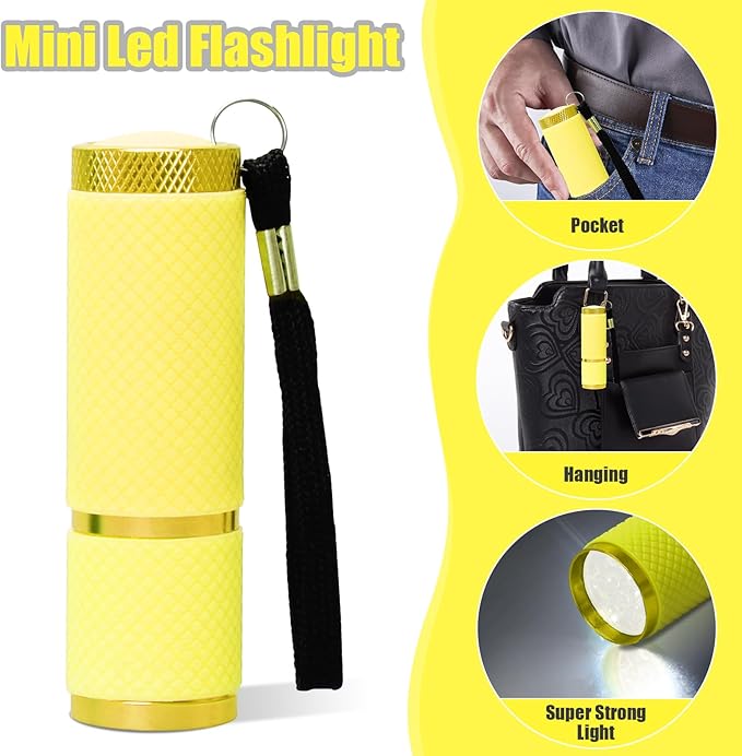 AHIER 9 LED Glow in The Dark Flashlights, Rubber Coated Small Flashlights with Straps, Portable Handy Mini Flashlight for Camping, Hiking, Indoor, Assorted Colors (Yellow)