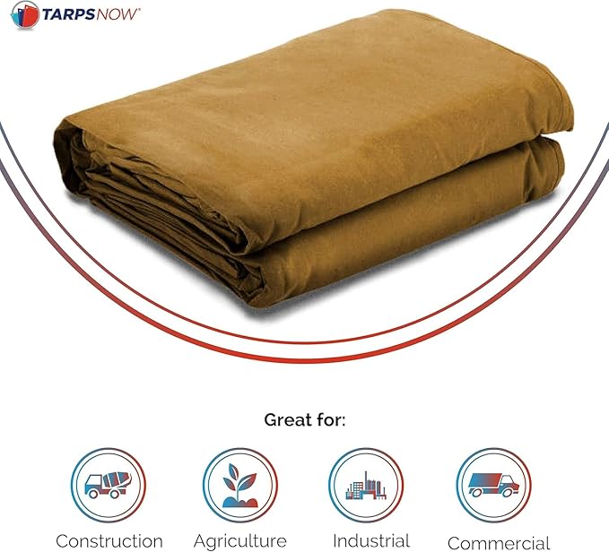 Tarps Now 10x10 ft Heavy Duty Canvas Tarp | 18 MIL Industrial Grade, Tear Resistant, Reinforced Edges, Nickel Plated Grommets | Ideal for Construction, Trucking, Manufacturing, Automotive – Tan Color