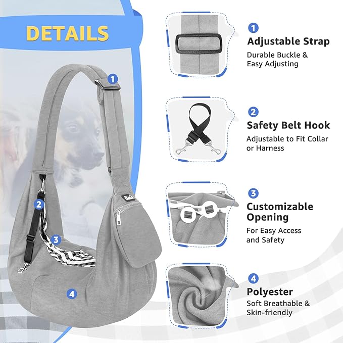SlowTon Dog Carrier Sling - Thick Padded Shoulder Strap Adjustable Dog Carriers for Small Dogs, Puppy Carrier Purse for Pet Cat with Front Zipper Pocket Safety Belt Machine Washable (Grey, S)