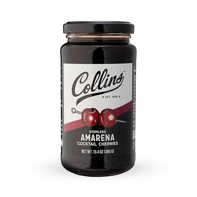 Collins Amarena Cherries in Syrup | Premium Garnish for Cocktails, Martinis, Old Fashioned, Manhattan, Chocolate, Dessert, Bourbon Accessories, 13.5oz