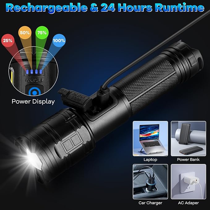 Rechargeable Flashlights 90,000 High Lumens - 2 Pack, Super Bright Flash Light with 7 Lighting Modes, 24H Long Life Powerful Flashlight with Side Light, IPX7 Waterproof Flashlight for Camping Home