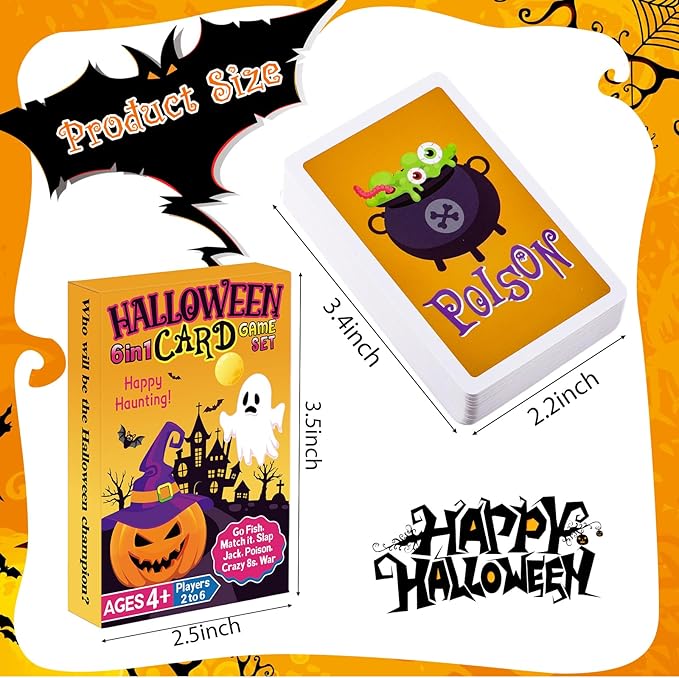 1 Deck 6 In1 Halloween Kids Card Games Go Fish Old Maid Slap Jack for Ages 4 and up Boys Girls Family Board Game Night Basket Stuffers Party Favor Gift Classroom Activity Supply 2-6 Players
