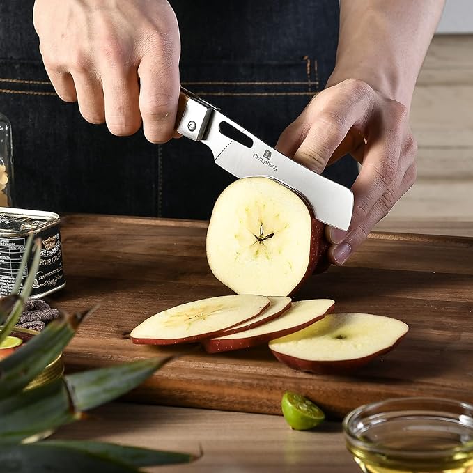 Folding Chef Knife with Nylon Pouch 4.8” Ultra Sharp 440A Stainless Steel Blade Natural Olive Handle Pocket Foldable Japanese Style Kitchen Knife for Outdoor Camping BBQ trip Cooking.