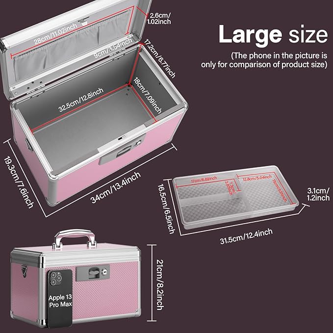 Medicine Lock Box for Safe Medication - 13.4 x 7.6 x 8.2 Inches - Lockable Storage Box for Drugs, First Aid Kit Empty, Lock Boxes with Key for Home/Outdoor (Pink/Large)