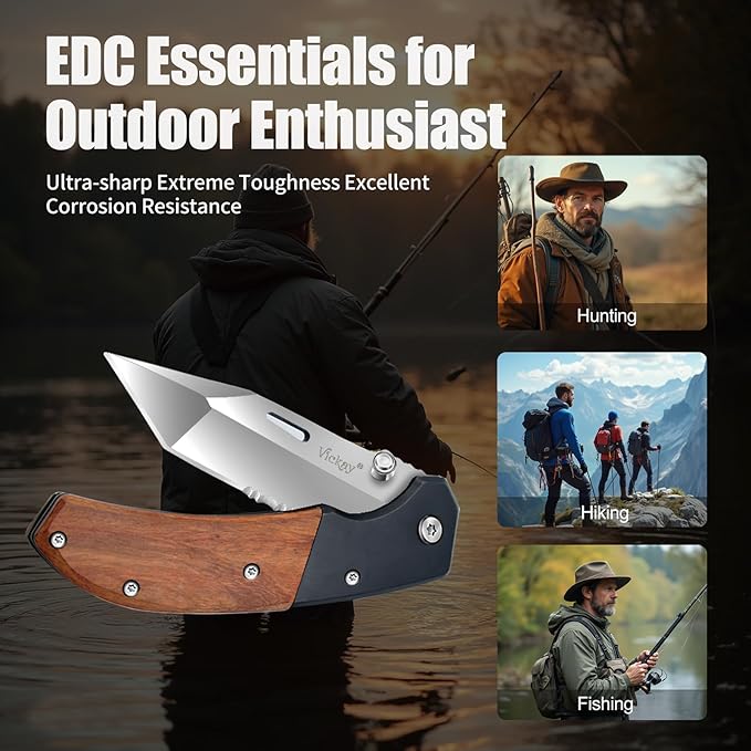 Vickay Pocket Knife, Folding Knife with Clip - 3.54″ Tanto Serrated Blade, Wood Handle EDC Knife for Men & Women, Outdoor Camping, Tactical, Hiking, Survival - Father’s Day Gift (Satin Silver)