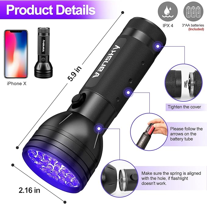 Vansky Black Light UV Flashlight, Upgraded 51 LED 395nm Blacklight Pet Urine Detector for Dog/Cat Urine, Dry Stains, Bed Bug, Matching with Pet Odor Eliminator(Batteries are Included)