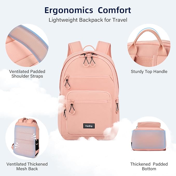 Carry On Travel Backpack For Women, 18 Inch Water Resistant Large Backpack Lightweight Bookbag For Men, 8x14x18 Personal Item Bag Casual Daypack Backpacks For Work Office Commuter (Pink)