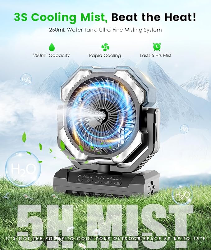 Camping Misting Fan - Portable Battery Powered Fans with 9oz Water Tank, Light, Hook - Rechargeable, 120H Cooling, Last 5H Mist, 4 Speed, Sleep Mode - Outdoor Fan, Travel Essentials