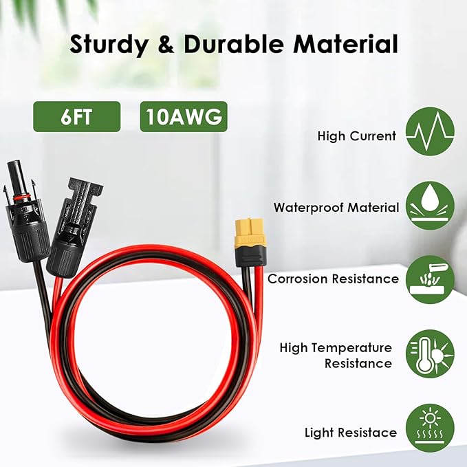 Solar to XT60 Extension Cable 10AWG 6FT Solar Connector to XT60 Adapter Cable for Solar Panel to Portable Power Station Solar Generator Battery Pack