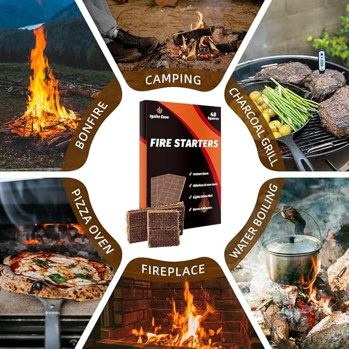 48-Pack Fire Starter Squares - Waterproof Cubes for Charcoal Grill, Camping & Survival | Odorless, Eco-Friendly Firelighters for Fire Pit, BBQ, Wood Stove