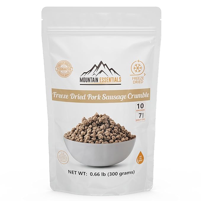 MOUNTAIN ESSENTIALS Freeze-Dried Pork Sausage Crumble ??Fully Cooked & Ready to Eat | Traditional Flavor | Premium Quality Everyday Meals, Camping & Emergency Survival Food | 10 Servings | Made in USA | 7-Year Shelf Life