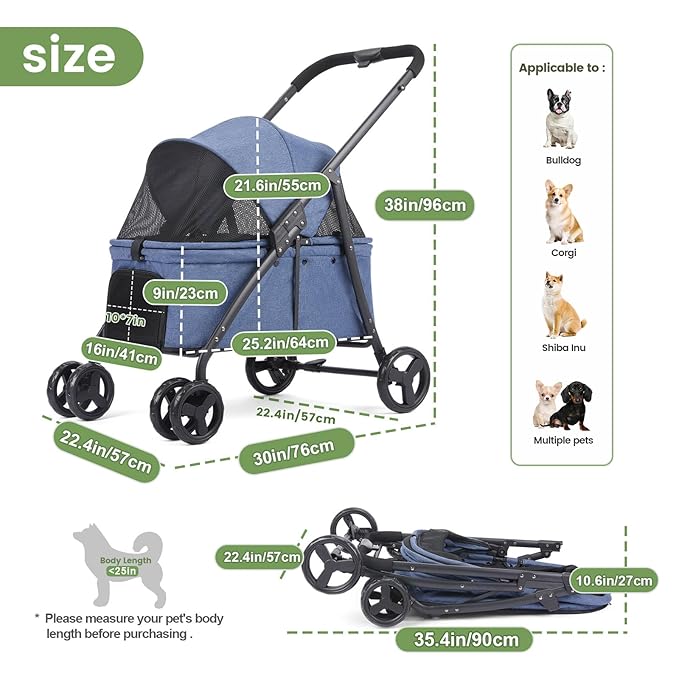 Dog Travel Stroller with 4 Heavy Duty Wheels, Lightweight Foldable Pet Stroller with Mesh Window - Large Capacity Jogger Wagon for Small Medium Dogs Outdoor (Navy)