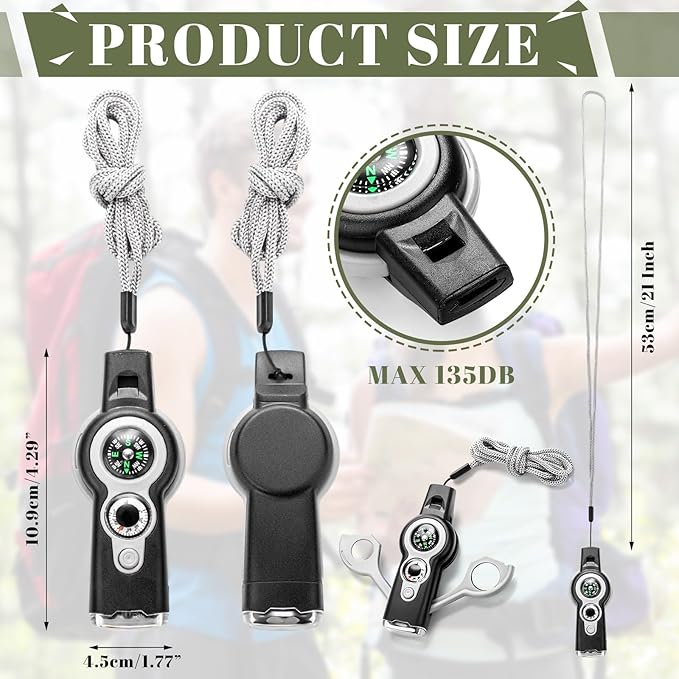 12 Pack Emergency Survival Function Whistle 7-in-1 Compass Hiking Survival Safety Whistle with Lanyard Outdoor Multifunctional Tool Ideal for Hiking Camping Rescue Signaling