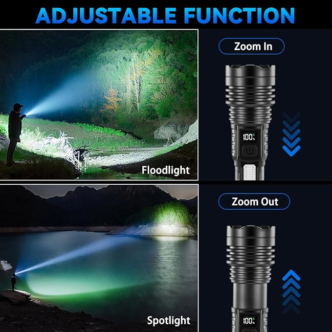 4Pack Flashlights High Lumens 9900FL, 7Mode Flashlight Rechargeable with LCD Digital Display, Rechargeable Flashlights with COB Light, Adjustable Super Bright Flashlight, Powerful Tactical Flash Light