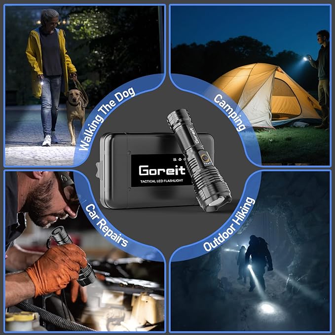 Goreit Flashlights LED High Lumens Rechargeable, 2000 Lumens XHP70.2 Super Bright Flashlight, Flash Light Battery Powered, Powerful Handheld Flashlight with Holster for Emergency Camping Hiking Gift