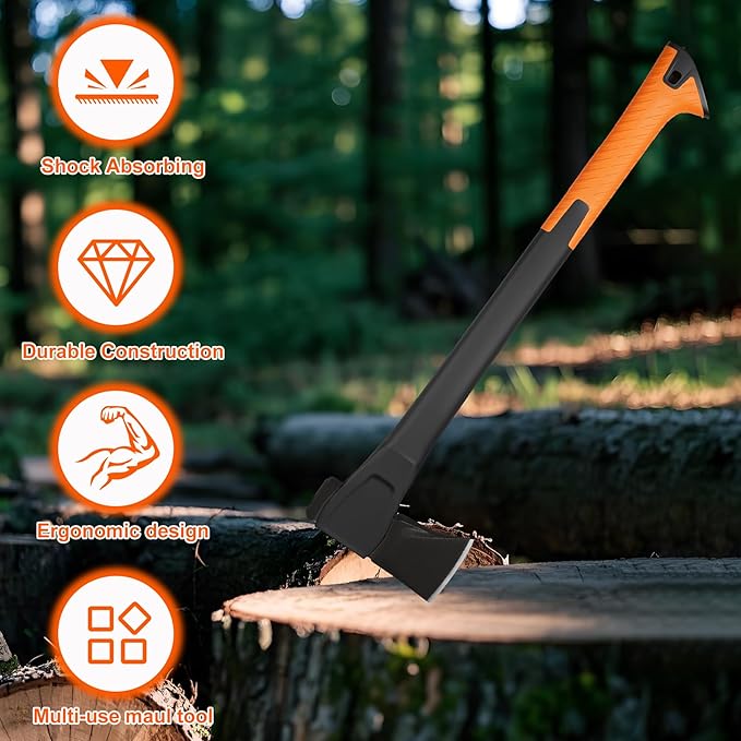 X24 Splitting Axe, 24” Camping Outdoor Hatchet for Wood Splitting and Kindling, Forged Carbon Steel Heat Treated Hand Maul Tool, Nylon Hollow Handle Shock Reduction Handle