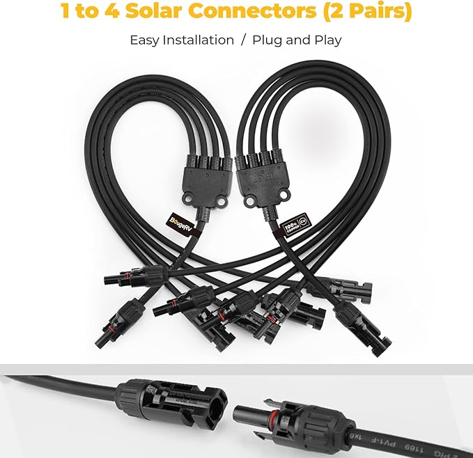 BougeRV Solar Y Branch Connectors Extra Long Solar Panel Parallel Connectors 1 to 4 Solar Cable Wire Plug Tool Kit (2 Pairs/M/FFFF and F/MMMM)