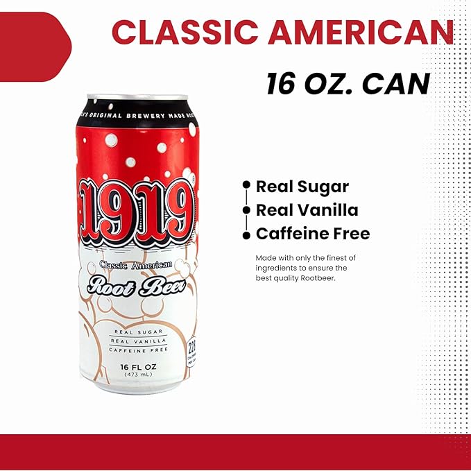 1919 Draft Root Beer 16oz Can, Real Sugar, Real Vanilla, Classic American Root Beer, 12-Pack