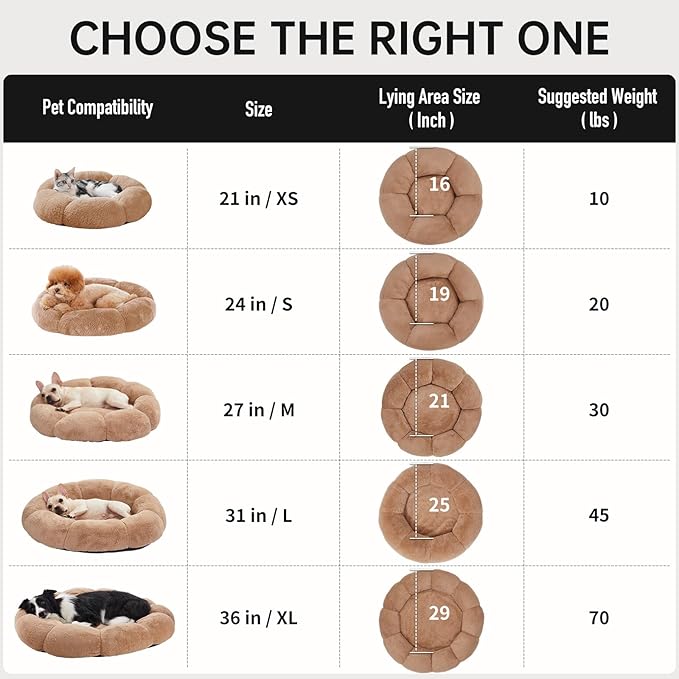 OhGeni 24 inches Calming Donut Dog & Cat Bed for Small Pets, Warming Comfort Fluffy Short Pile Fur, Durable Machine Washable Round Bed, Cute Round Bed for Puppy and Kitten, Camel