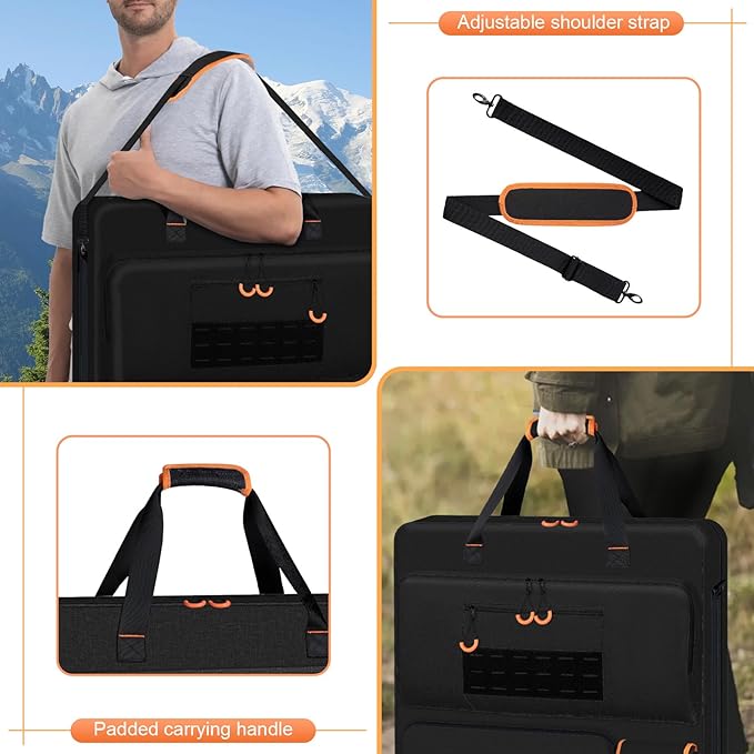 Solar Panel Storage Bag with Orange Lining, Deepened Opening, Zipper with Pull and Multi-Accessory Space Solar Panel Travel Carrying Case Fit for Jackery SolarSaga 100W 100X 200W, Black