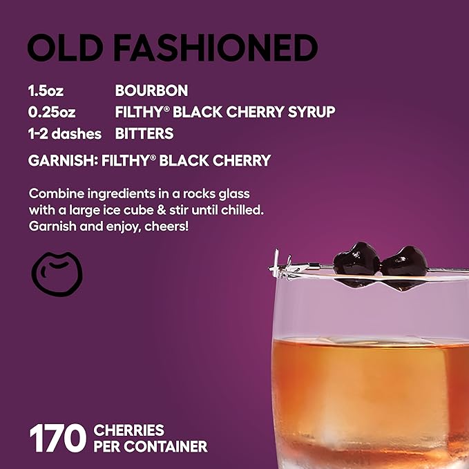 Filthy Cocktail Amarena Black Cherries, Premium Cocktail Garnish, All Natural Wild Italian Amarena Black Cherry, Non-GMO, Gluten Free, Vegan, Slow-Cooked, 45 Oz Tin, 170 Cherries