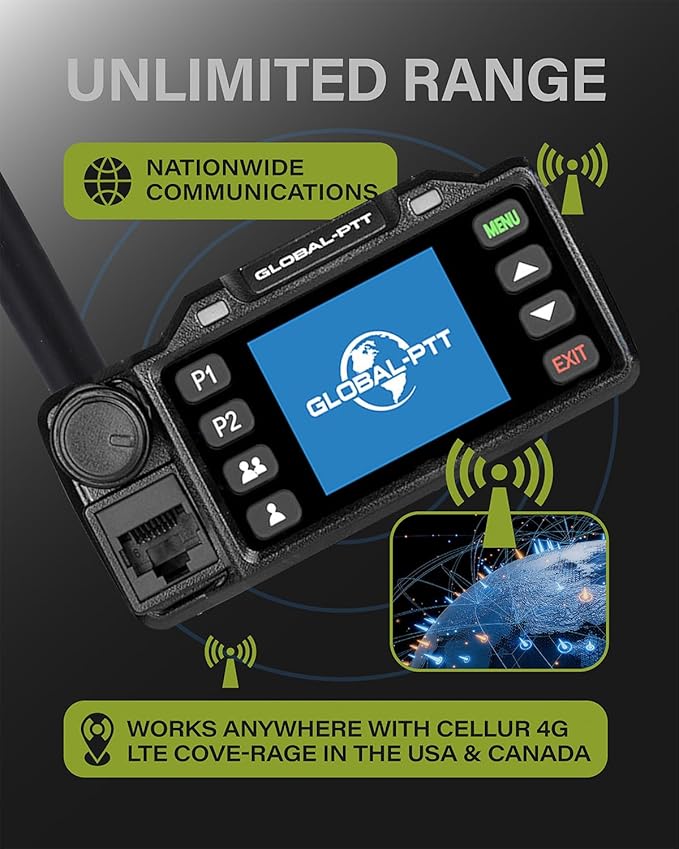 Global-PTT 2-Pack Push-to-Talk Over Cellular (PoC) Mobile Radios Walkie Talkies - 4G LTE Nationwide PTT Unlimited Range Free License for in-Vehicle Communication (Non-GPS)