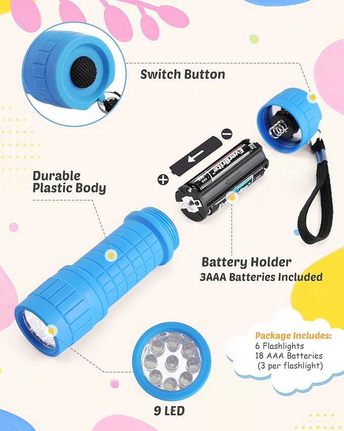 EverBrite 9-LED Flashlight 6-Pack Impact Handheld Torch Assorted Colors with Lanyard 3AAA Battery Included (Hurricane Supplies, Camping, Hiking, Emergency, Hunting)