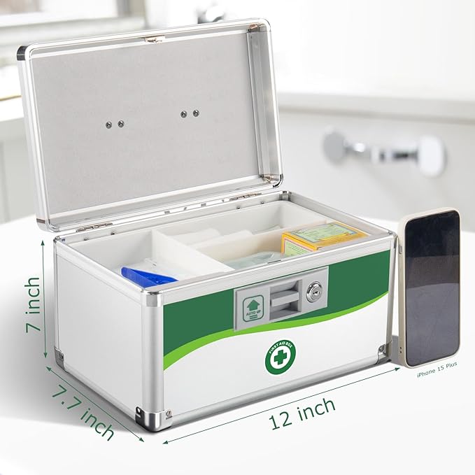 Medicine Lock Box, First Aid Safe Medication Storage Lockbox with Key, Aluminum Daily Medicine Lockable Box with Key 12 x 7.87 x 7.68 Inch (Medium)