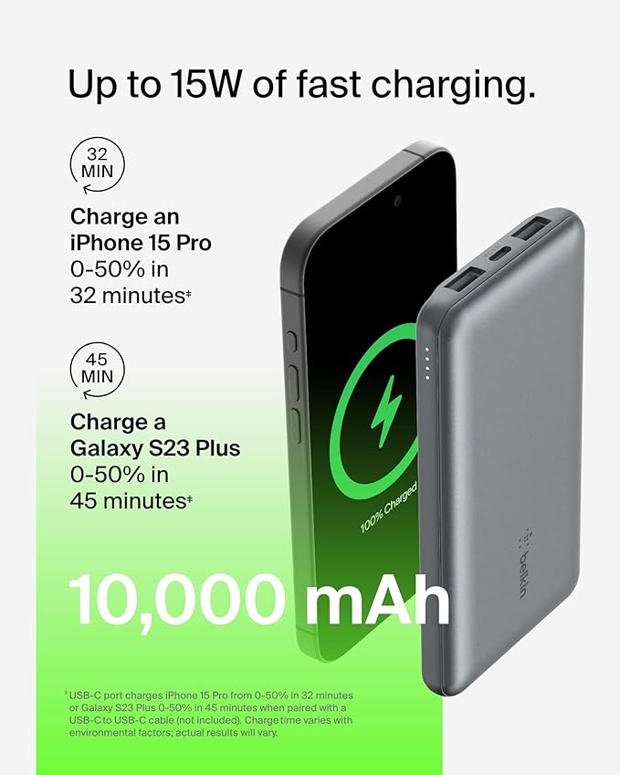 Belkin Portable Charger, USB C Power Bank 10000 mAh w/ 2xUSB-A Ports, 15W w/Type-C to Type-A Cable for iPhone 17, Air, Pro, Samsung Galaxy S25, iPad, Nintendo Switch 2, Google Pixel 10, etc. - Gray
