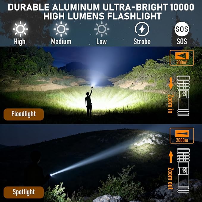 Rechargeable Flashlight 11 Modes Tactical Camping Flashlight with Red-Blue Emergency Lights, 10000 Lumens 3 in 1 Portable Camp Light with Stand, Bright LED Flashlight for Outdoor Activity
