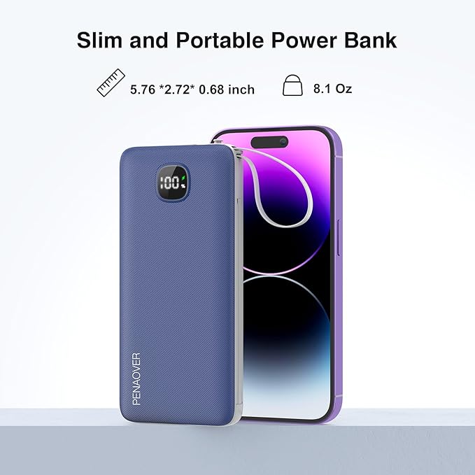Portable Charger with Built-in Cables&AC Wall Plug,Slim 10000mAh 22.5W Fast Charging Power Bank,5 Output 2 Input USB-C External Battery Pack Compatible with iPhones,Samsung,Android, etc