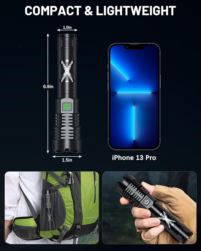 150000 Lumen Rechargeable Flashlight, 5 Modes Mini Handheld Powerful Flashlight, Zoomable Waterproof Tactical Flashlights for Outdoor Hiking Camping Enthusiasts