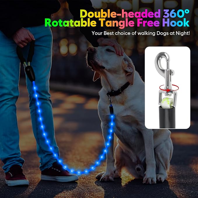YFbrite Waterproof Light up Dog Leash with 15 Flashing Modes - Super Bright LED Dog Leash for Small Medium Large Dogs - Type-c Rechargeable Dogs Leashes Light (Multi-Color, 4FT (120cm))