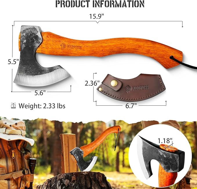 NEDFOSS Camping Hatchet Axe, Wooden Handle Bushcraft Axe with Sheath, Viking Axe with Steel Wedge, Hand Forged Hatchets for Camping and Survival, Gift for Men??(MMA-16)