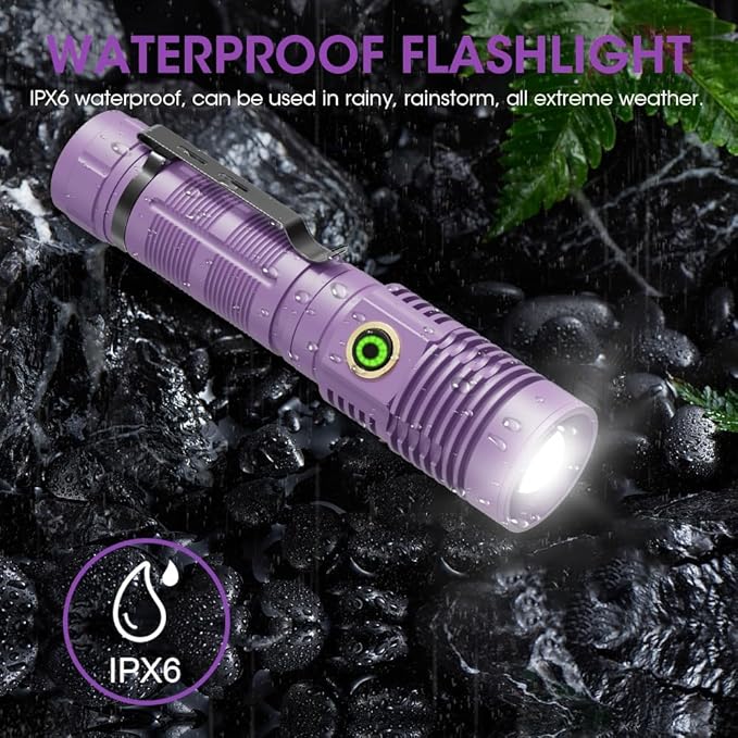Rechargeable Flashlight High Lumens, High Lumens Super Bright Magnetic Flash Light, Long-Range Zoomable LED Flashlights for Emergency, Waterproof Flashlight Dimmable, Purple,1PC