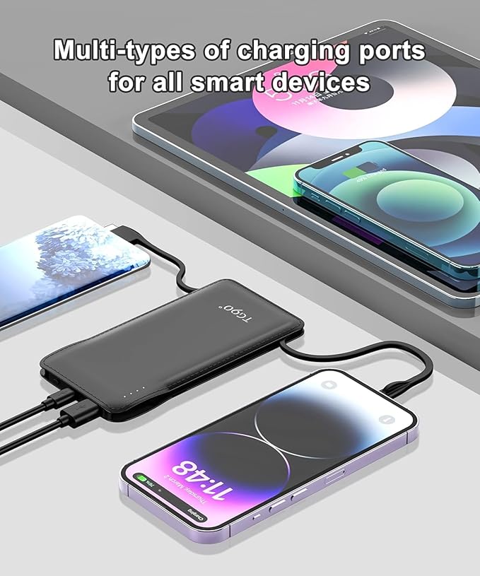 TG90° Portable Charger with Cords 10000mAh Power Bank with Built in Cables Battery Backup Cell Phone External Battery Pack Compatible with iPhone 17 16 15 14 13 12 Samsung S22 S21 Google iPad etc