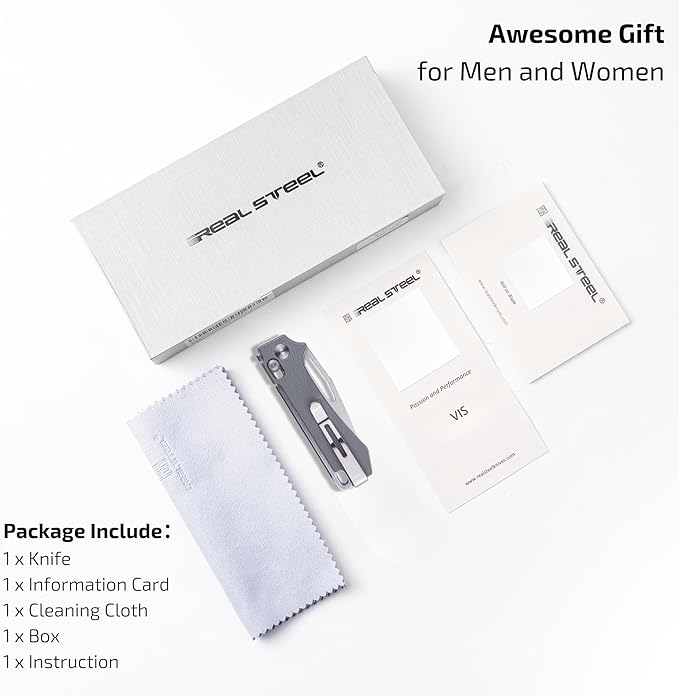 REALSTEEL VIS Pocket Knife, Folding Knife, Crossbar Lock, 2.72" Small 12C27 Steel Satin Plain Blade, Thumb Hole, G10 Handle, 1.94oz, Pocket Clip, Versatile Outdoor Indoor EDC Knife, Gifts for Men Women Camping Hiking Fishing Climbing (Gray G10/Satin)