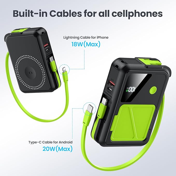 Wireless Portable Charger,5-in-1 Magnetic Power Bank 10000mAh Built in Cables and AC Plug,22.5W Fast Charging Magnetic Battery Pack,Compatible with iPhone 16/15/14/13/12,Apple Watch Series,Airpods