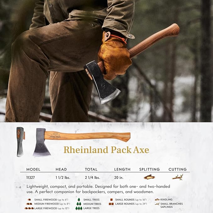 1844 Helko Werk Germany Traditional Rheinland - Made in Germany Compact Lightweight Axe for Backpacking Camping Long Hatchet - Head 1.5 lbs, Handle 20 in. (Rheinland Pack Axe) #11327