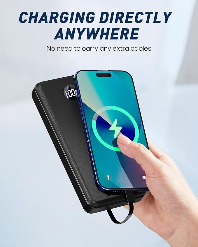 BEESHOP Portable Charger Power Bank - 37000mAh Portable Battery with 4 Built-in Cables, 22.5W Fast Charging Battery Pack Bank Compatible with iPhone 16 15 14 13 Android Samsung Phone etc(1 Pack)