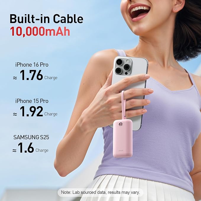 iWALK Mini Portable Charger 10,000mAh, 22.5W USB-C Fast Charging Power Bank with Built-in Cable, Travel Essential Ultra-Small Battery Pack Compatible for iPhone 17/16/16 Pro/15, Samsung, Google, Pink