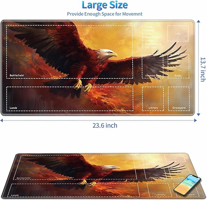 Playmat for MTG with Zones, 24 x 14 inches Game Play Mat for MTG TCG, Trading Card Game Play Mat Desk Mats with Stitched Edges Non-Slip Base, Eagle Flying