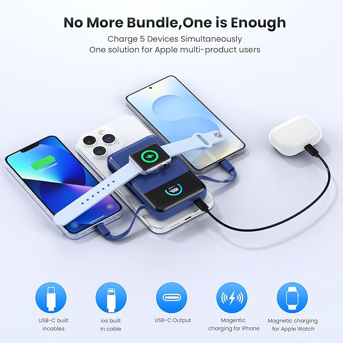 Magnetic Portable Charger 10800mAh with Built-in Cables,5-in-1 Qi2 Certified 15W Wireless Power Bank with iWatch Charger,30W PD Fast Charging USB-C Battery Pack for iPhone 17/16/15/14/13/12-Dark Blue