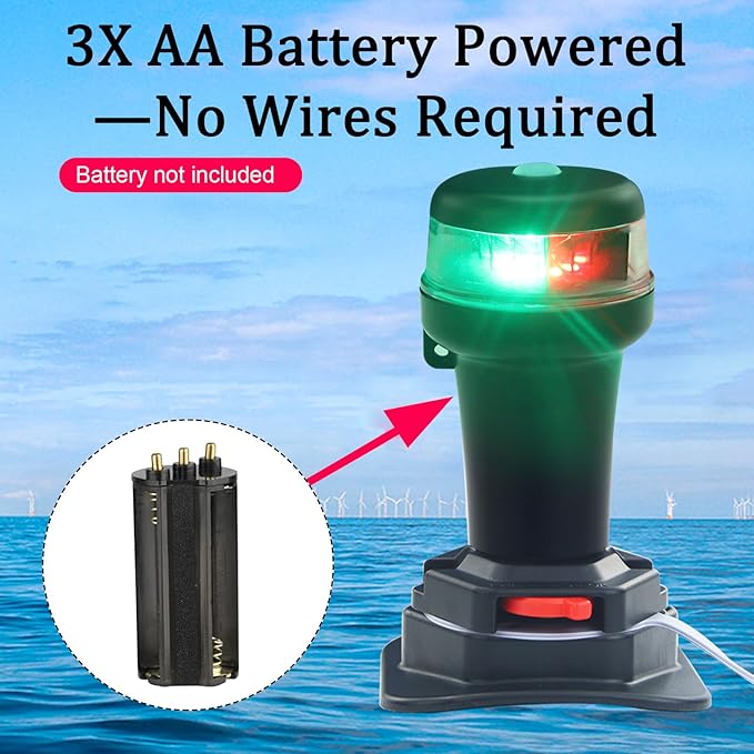 Kayak Battery Portable Navigation LED Lights Multi- Adaptors 3AA Battery Inflatable Boat Surface Mount Adhesive Base (Red/Green (With Fixed Base))