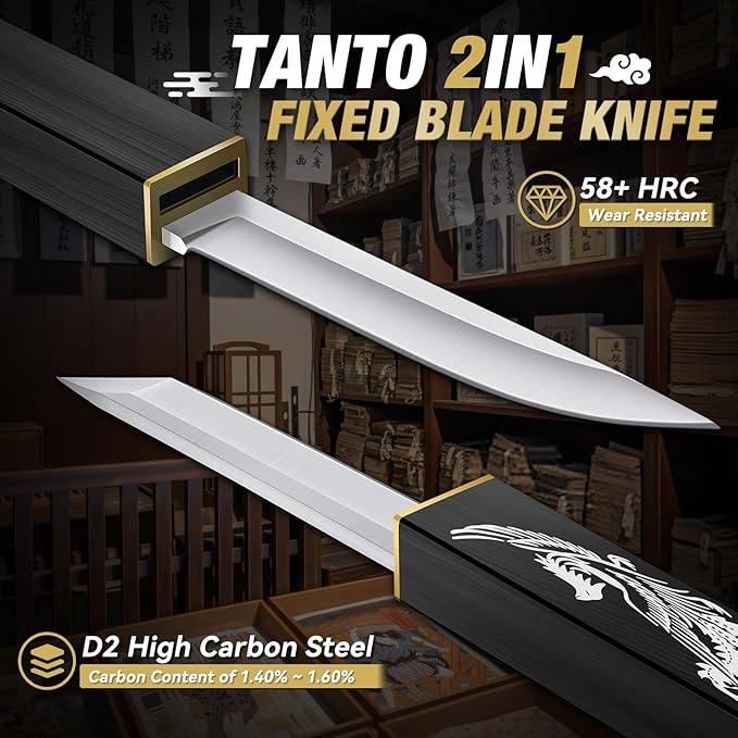 Purple Dragon Tanto Fixed Blade Knife, Katana Survival Bushcraft Knife, Full Tang Samurai Knives 2 in 1, Ideal for Camping, Fishing, Hiking, Hunting Double Knives for Men, Gift for Father (Black)