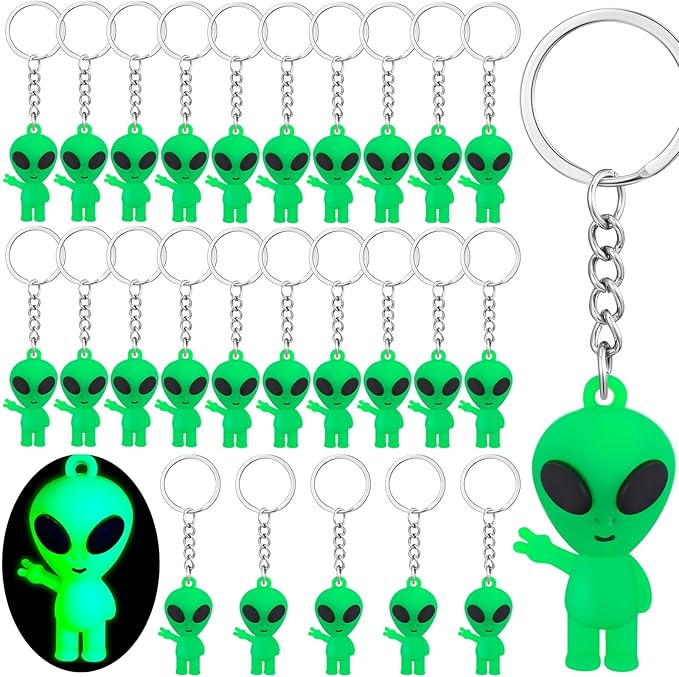 24 Pcs Alien Party Favors Alien Keychains Glow in The Dark Space Keychain Mini Aliens Figures Little Bulk Gift Prizes Goodie Bag Piñata Halloween Stuffers for Music Festival Easter (Green)