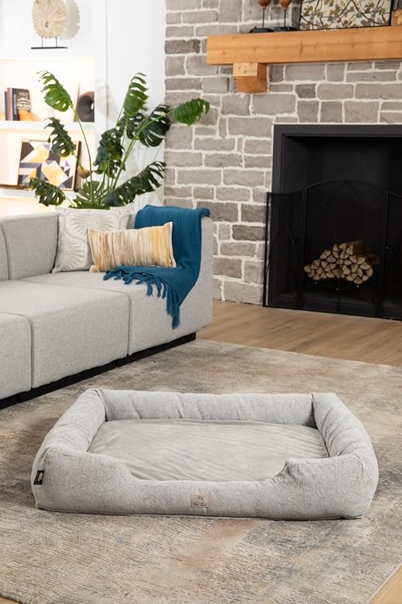 Furry's Paradise Foam Cuddler Waterproof Bolster Pet Bed with Reversible Cushion, Recycled Fibers and Non-Slip Bottom. (Gray Paisley, Orthopedic Medium)